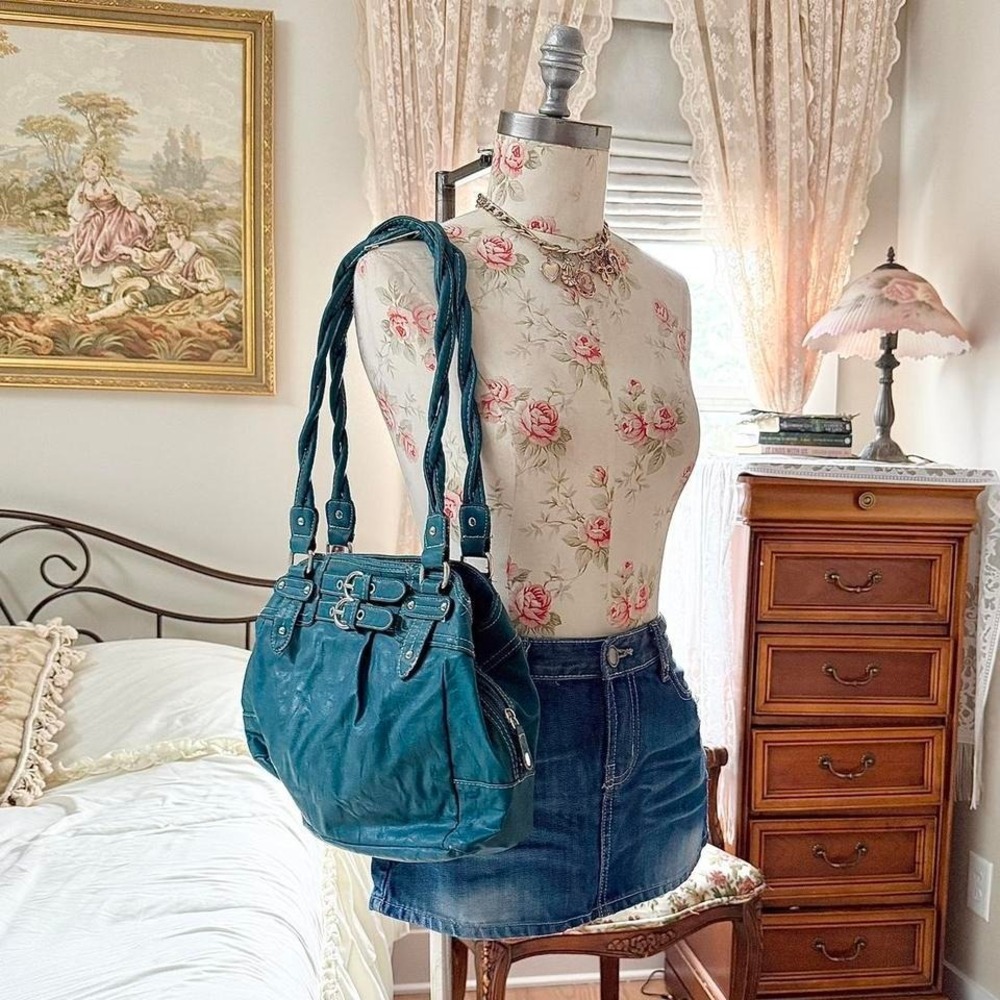 blue moto purse Y2K blue faux leather rosetti shoulder bag slouchy